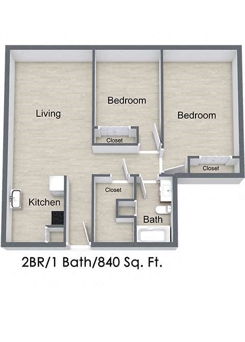 Floor plan for 2 beds, 1 bath, 816 sqft